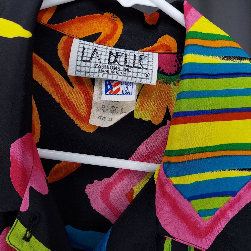 90's Vtg LABelle Button Collar Dress Multicolor Print Tie Sleeveless Midi 13 USA - Picture 8 of 12